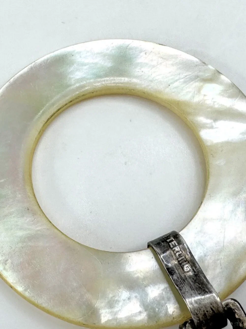Vintage sterling silver hammered bell mother of pearl baby teething ring SS472